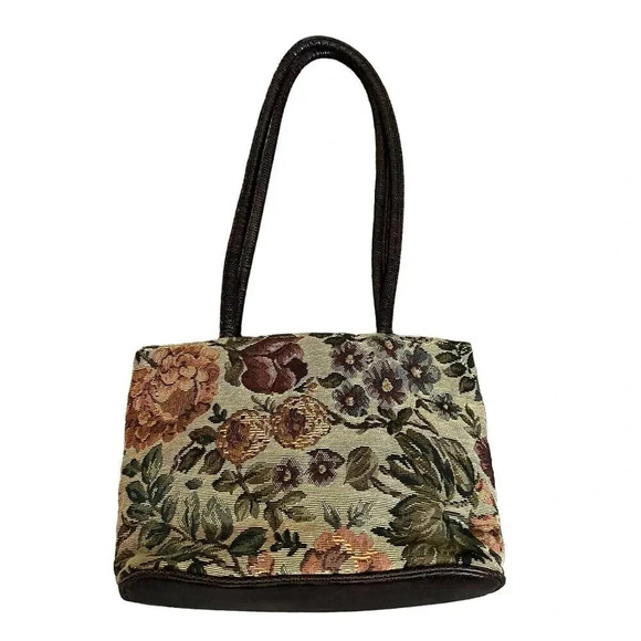 Vintage Bueno Tapestry Cottage Bag Shoulder Handbag Floral Brown Purse Medium - Picture 7 of 10